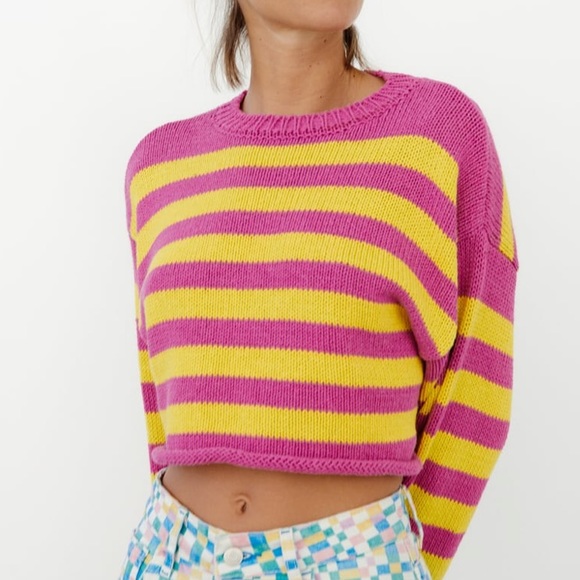 Zara | Sweaters | New Zara Cropped Knit Striped Pinkyellow Sweater Sz M |  Poshmark
